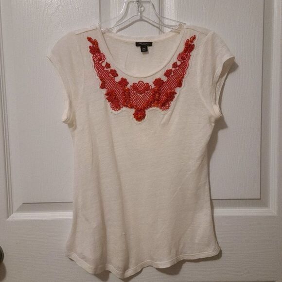 Ann Taylor Linen Top Coral Bead Embroidery - Picture 3 of 4